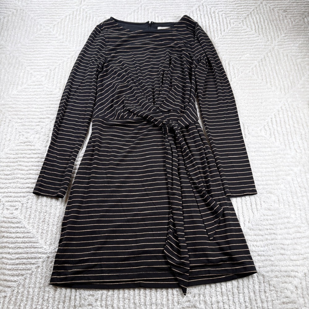 LOFT Dress NWT XS Striped Black Gold Faux Wrap Work Office Minimalist Business